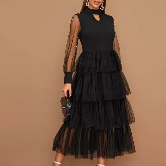 Chic Beaded Sheer Sleeve Layered Mesh Hem Peekaboo Dress black - Picture 3 of 5